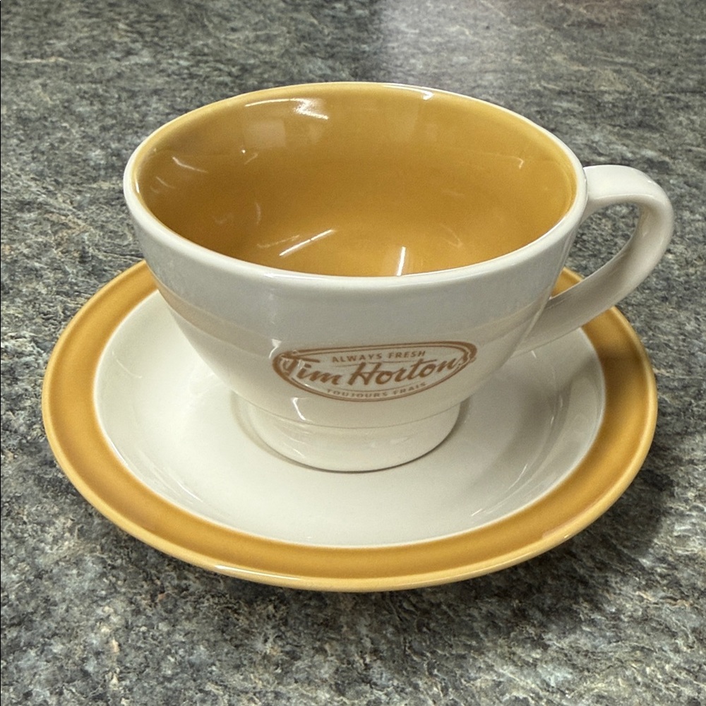 Tim Hortons Ceramic Coffee Cup and Saucer Set - Yellow and White